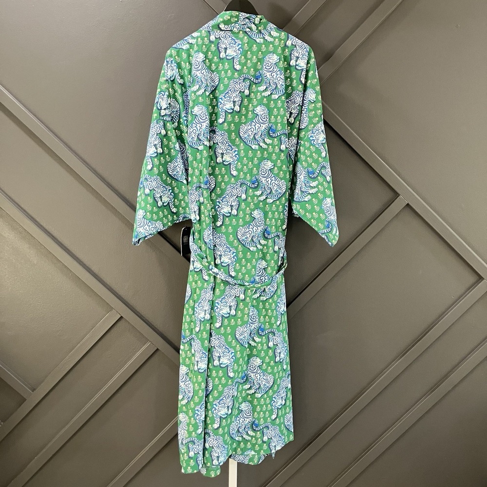 Printfresh Tiger Print Cotton Kimono Robe Green Blue Womens Plus Size 1X 2X - Picture 2 of 10